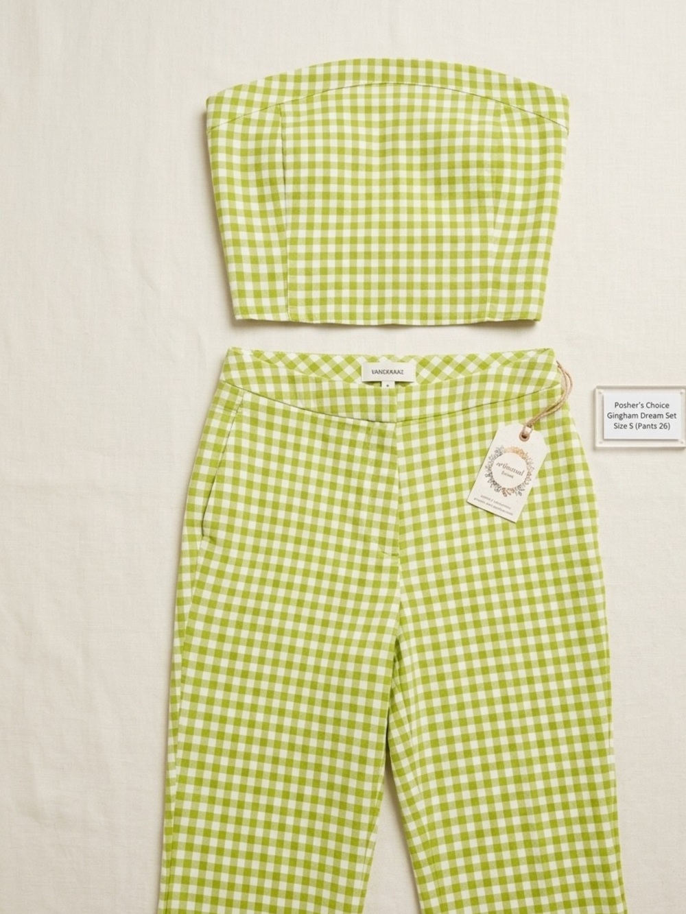 Le Lis Lime Gingham Strapless Crop Top & Straight-Leg Pants - Picture 2 of 7